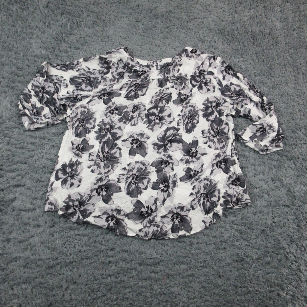 Monday Fun Blouse Shirt Womens 2X White Black Floral 3/4 Sleeve Henley Tunic - Picture 8 of 10